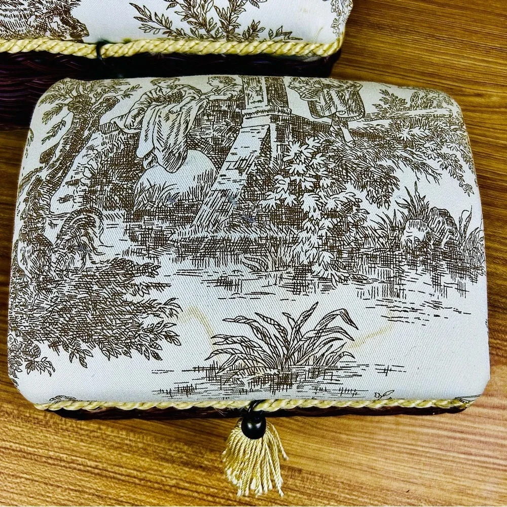 French‎ Country Toile Boxes Wicker Lined Tassel Pair Vintage Luxury